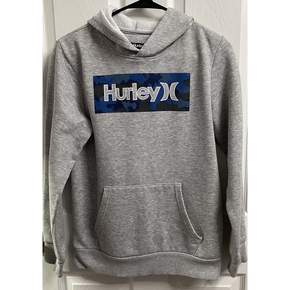Hurley Boys Gray&Blue Pullover Hoodie Sweatshirt Front‎ Pocket Sz. XL